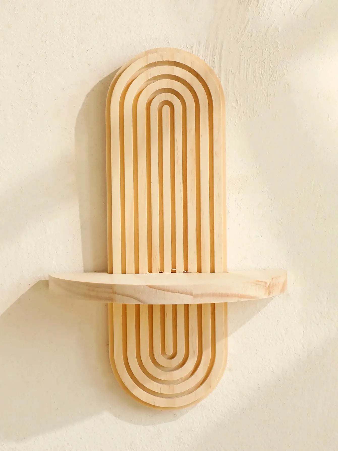 1pc Boho-style wooden wall shelf with layered arched frames in natural wood finish