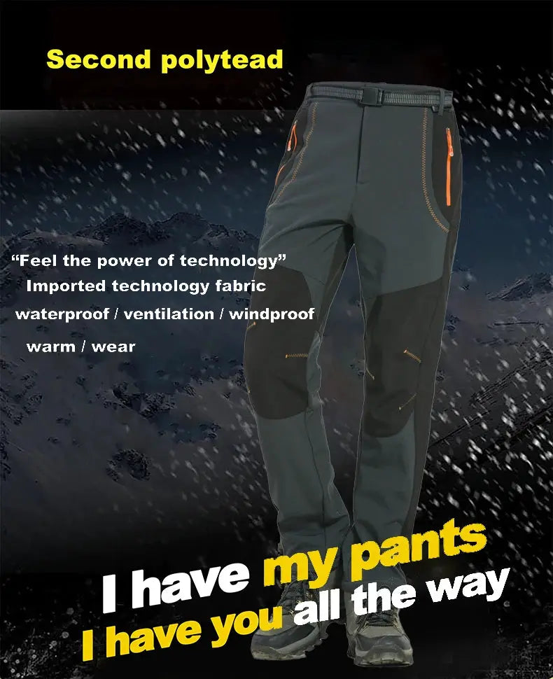 JNLN thick warm fleece hiking pants for men, dark gray/green soft-shell with orange zip pockets