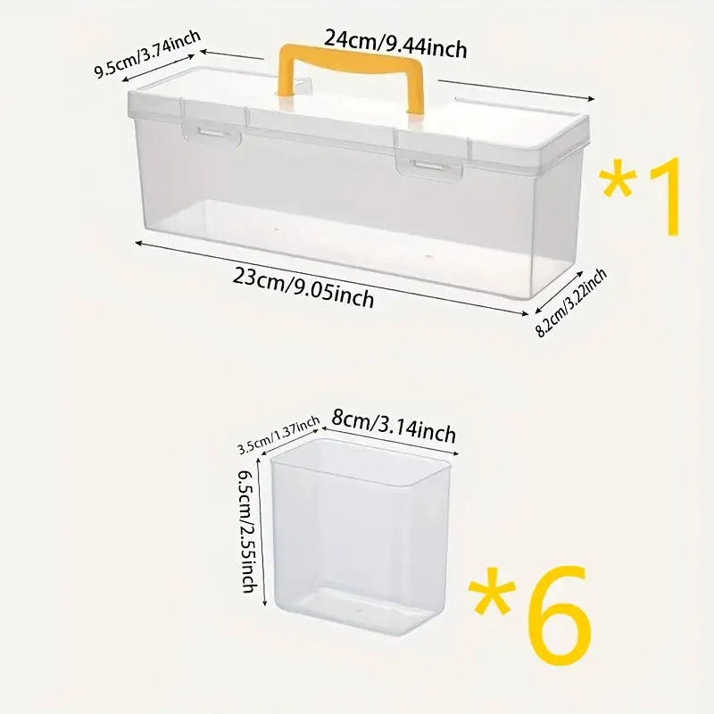 Simples Market 7-piece portable tool storage box with 6 removable clear bins and orange handle.