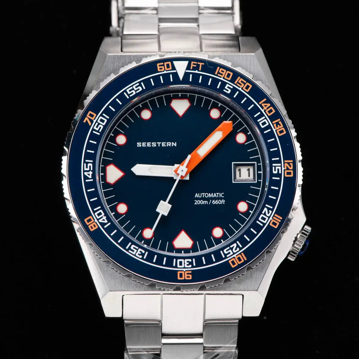 SEESTERN SUB600T V3 men's automatic diving watch with blue dial, ceramic bezel, stainless steel bracelet, date window