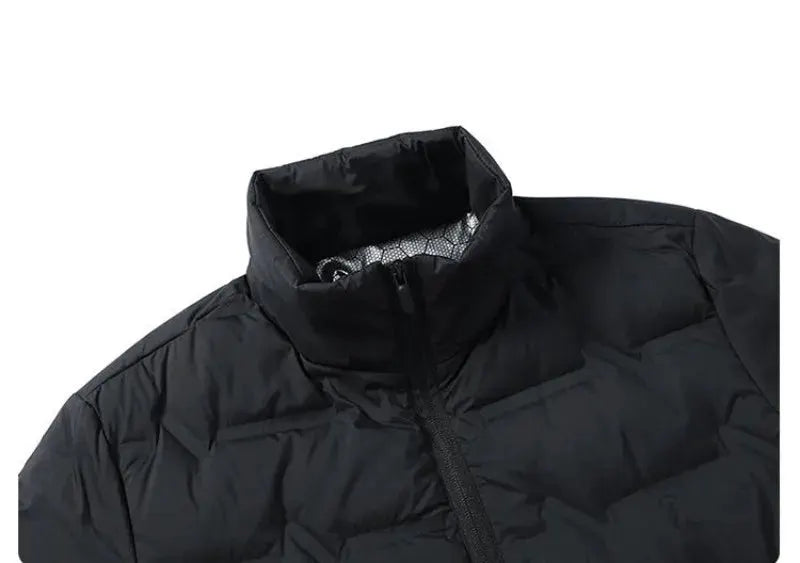Duck-down jacket by Simples Market; black quilted, high collar, full-zip