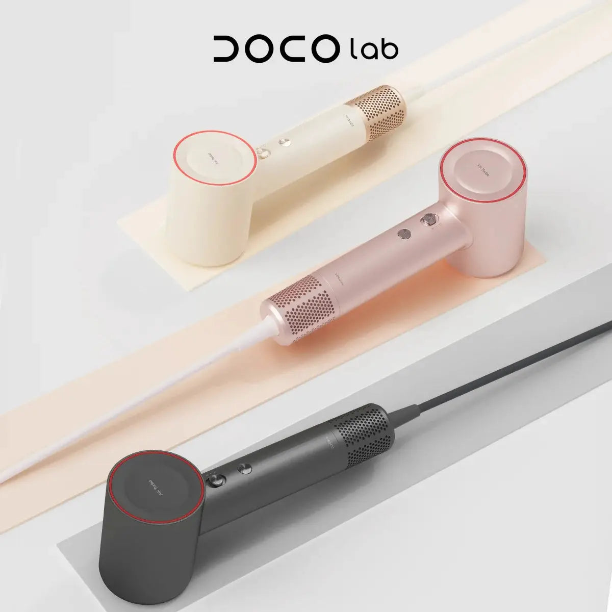 DOCO lab high-speed hair dryer set; 3-piece in beige, pink and black with UK/EU plugs