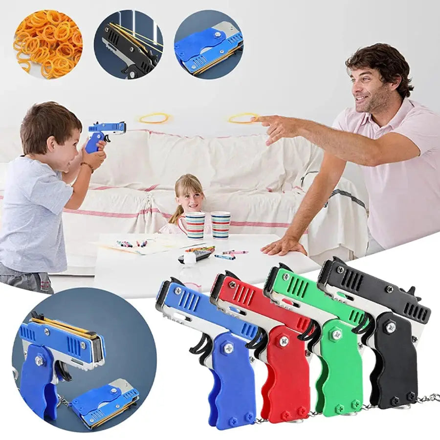Metal Burst Rubber Band Toy Mini Folding Launcher With Keychain And 60 Rubber Bands Ideal Christmas Gift