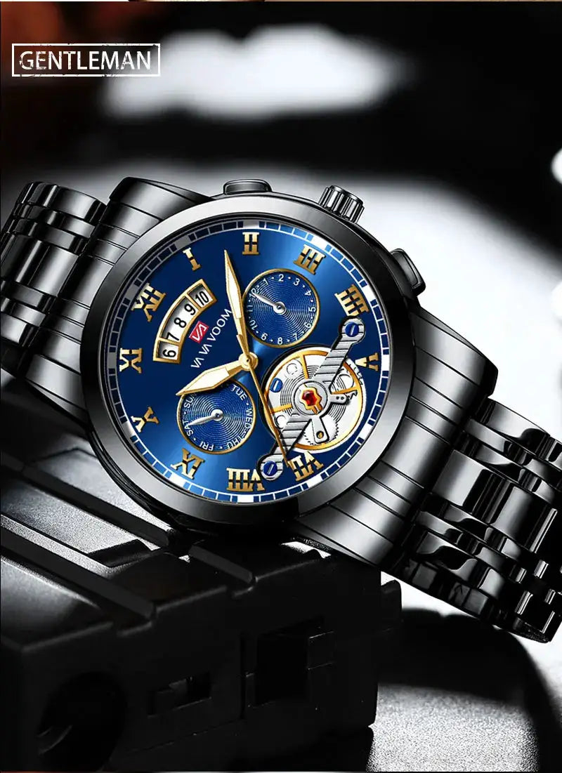 Mens luxury stainless steel watch with blue dial, gold Roman numerals and multi-function subdials, GENTLEMAN logo.