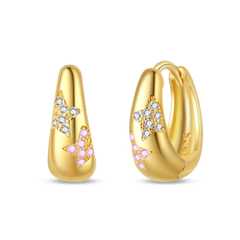 Pair of gold-tone hoop earrings with crystal-studded star accents in clear and pink stones