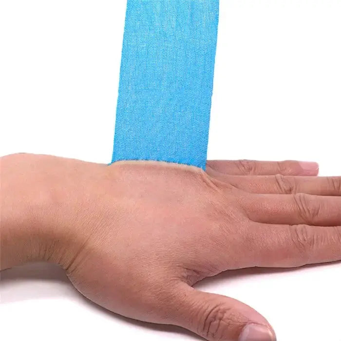 Kinesiology tape by Simples Market, blue 2.5/5 cm width, applied to wrist