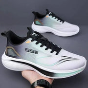 Breathable mesh men's sneakers by Simples Market; white shoes with black laces and teal accents, 2 shown