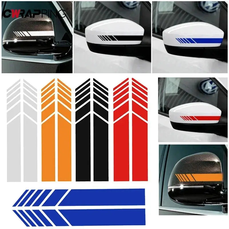Car mirror stripe decals; reflective vinyl stickers in white, gray, orange, black, red and blue for exterior styling