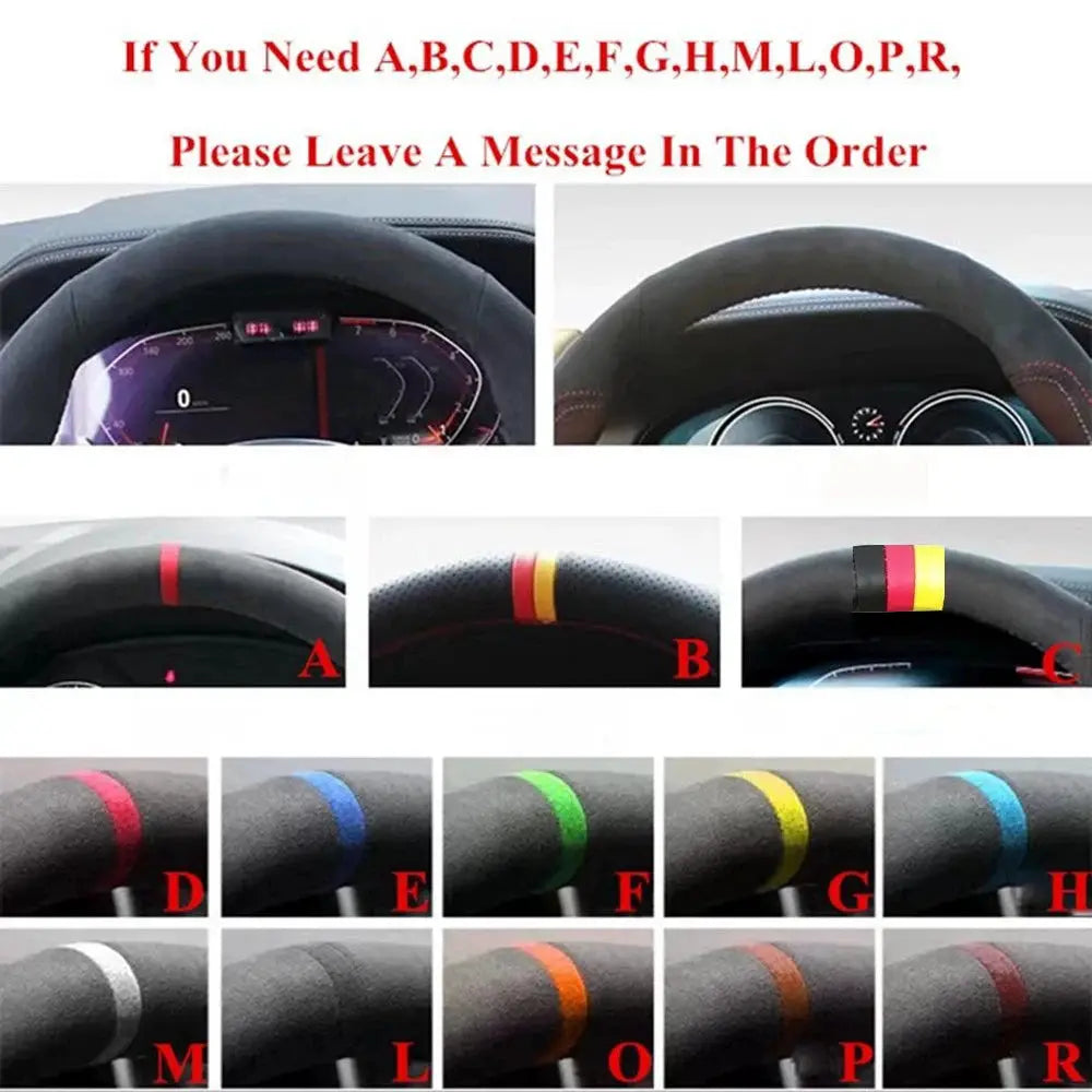Suede braided steering wheel cover by Simples Market for Seat Leon 5F Mk3 (2013–2020) and Ibiza 6J, multiple colors