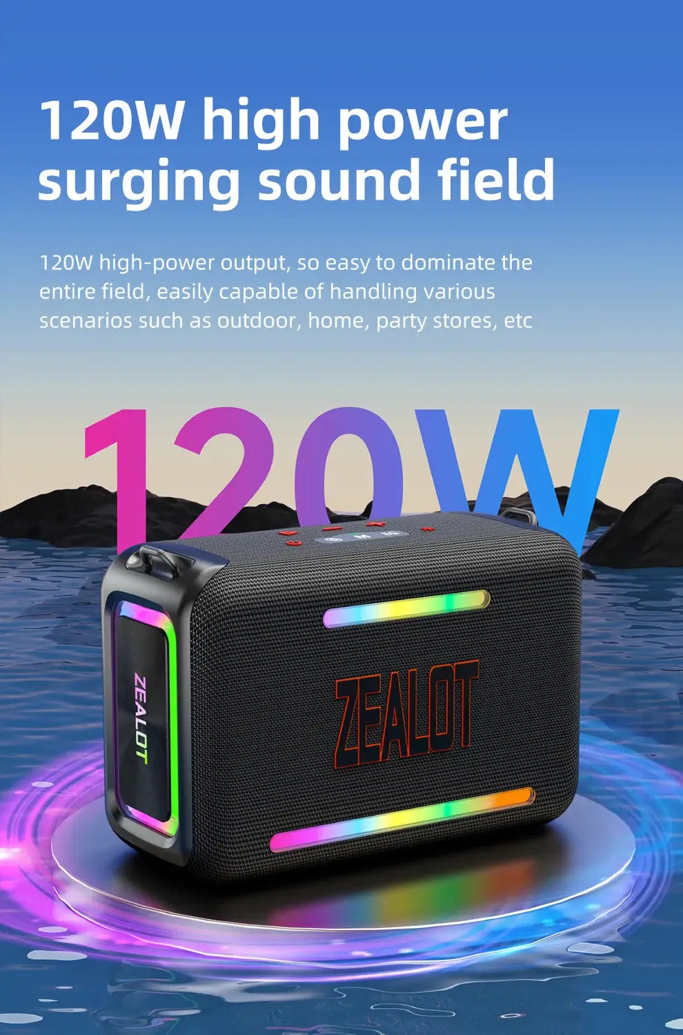 ZEALOT-S95 waterproof portable Bluetooth speaker; black outdoor boombox with rainbow LED lights and ZEALOT logo
