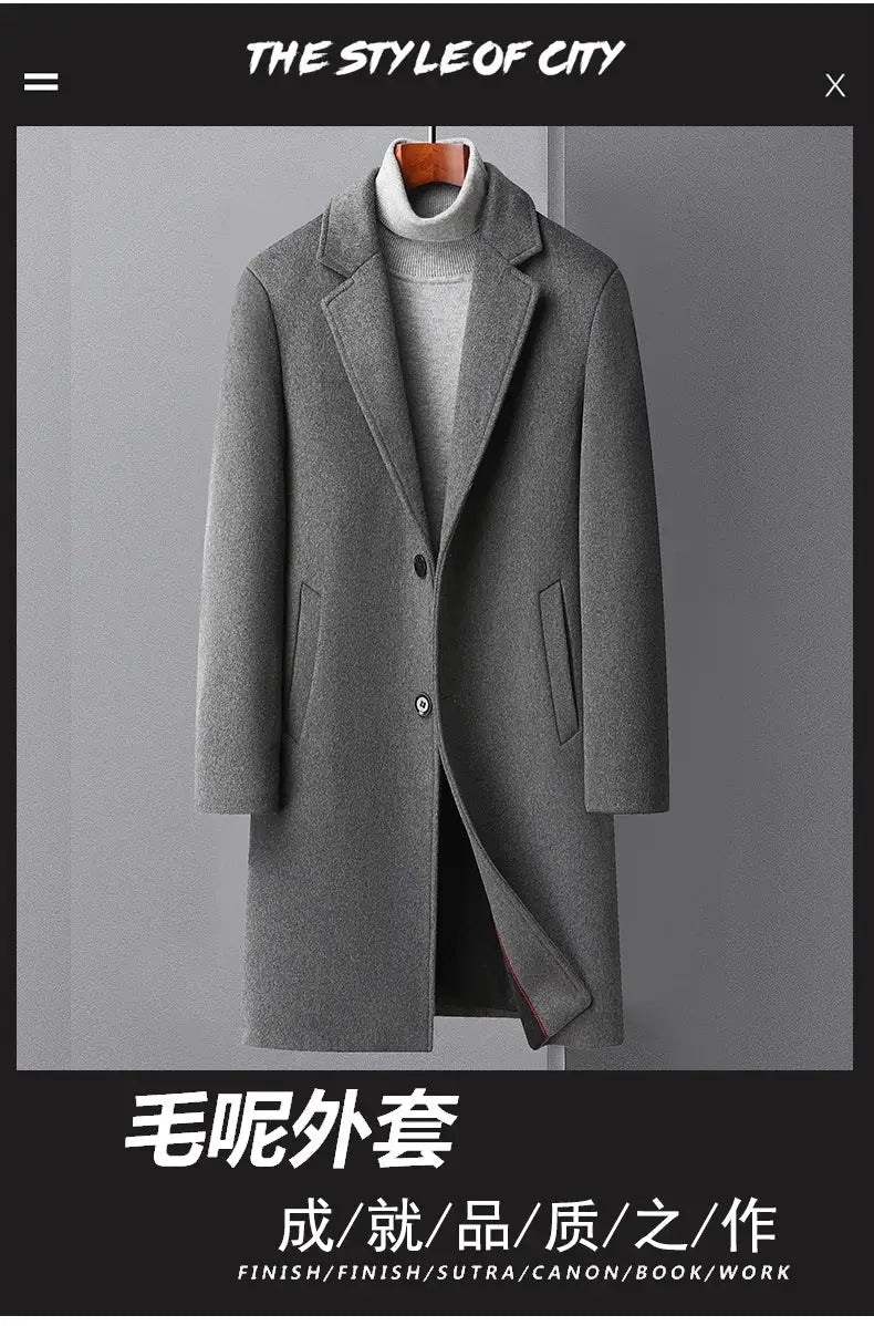 Men's gray wool long coat by Simples Market, knee-length single-breasted trench style with notch lapels