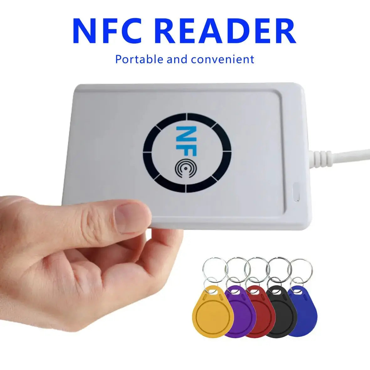 ACR122U NFC RFID card reader in white with 5 colored key fobs