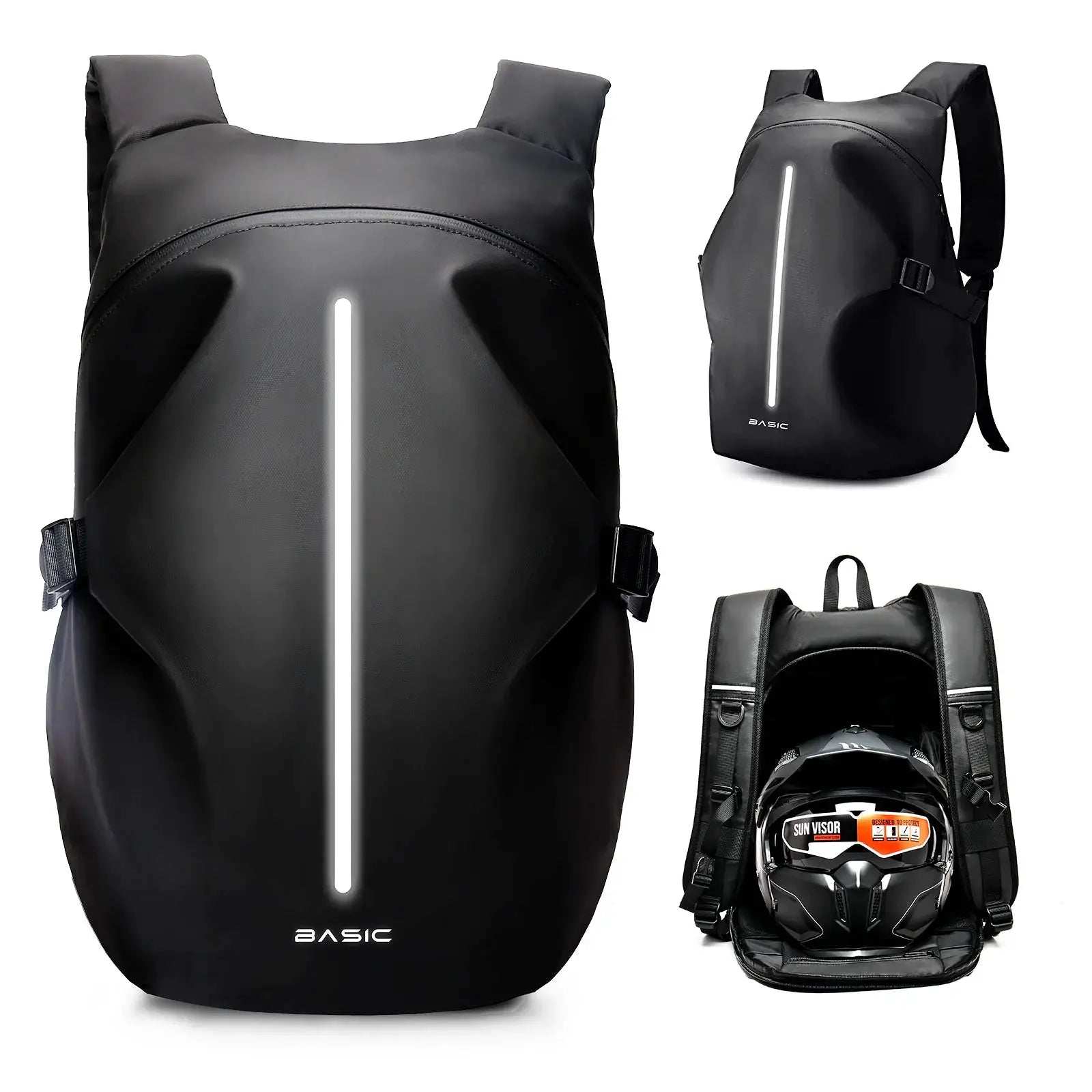 Motorcycle backpack 40L, black waterproof with reflective vertical stripe; BASiC logo visible and helmet shown inside.