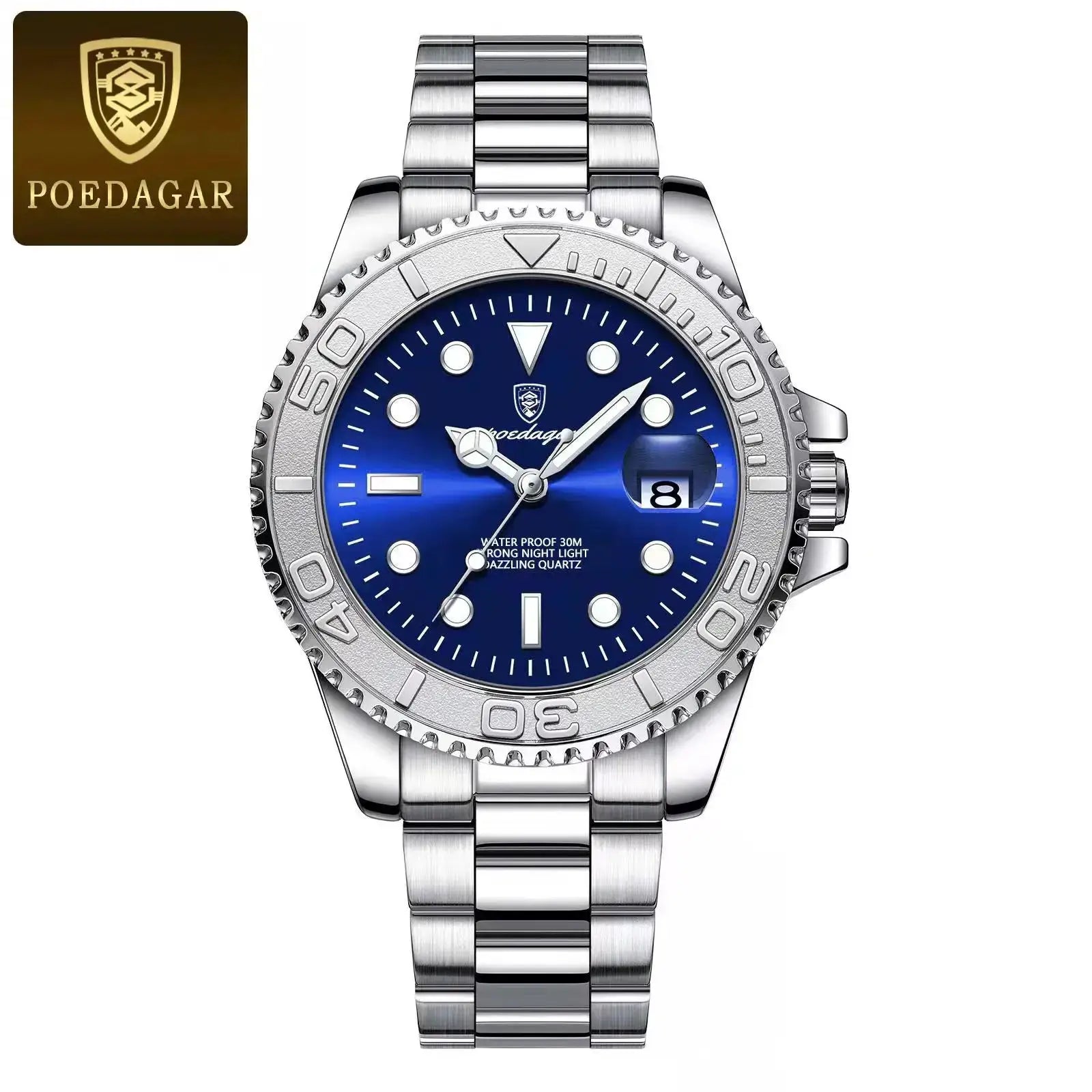 POEDAGAR men's luxury stainless steel watch with blue dial, date window, 30m waterproof