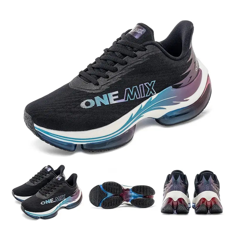 Simples Market ONEMIX air cushion running shoes for women, black mesh upper with blue gradient sole