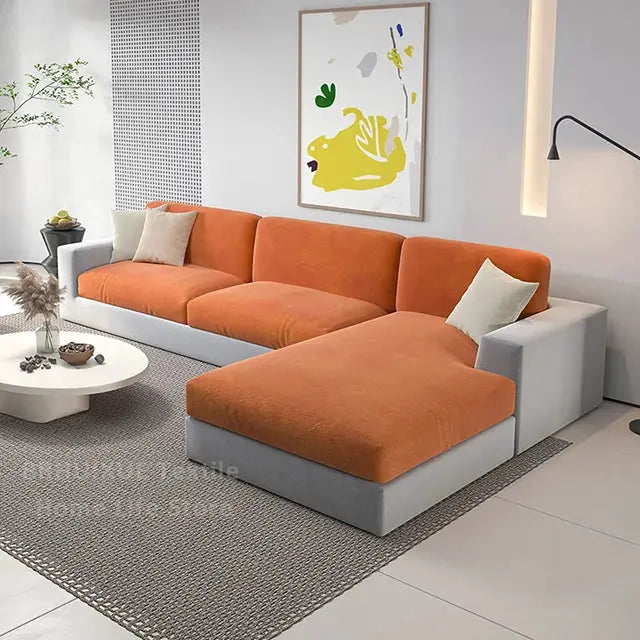 Super Soft Velvet Sofa Seat Cushion Cover set in orange for L-shaped sectional sofa