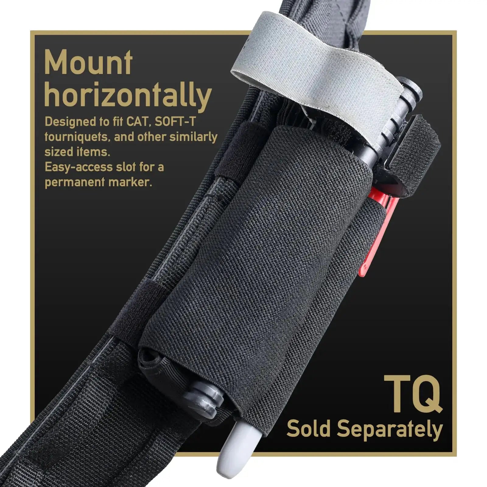 Elastic tourniquet holder pouch on black tactical belt; Simples Market, horizontal mount with red tourniquet visible.