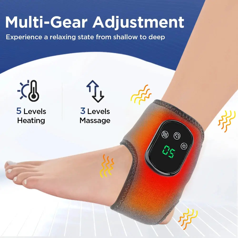 Electric foot heat massager worn on ankle; breathable fabric, red heated cuff, digital display