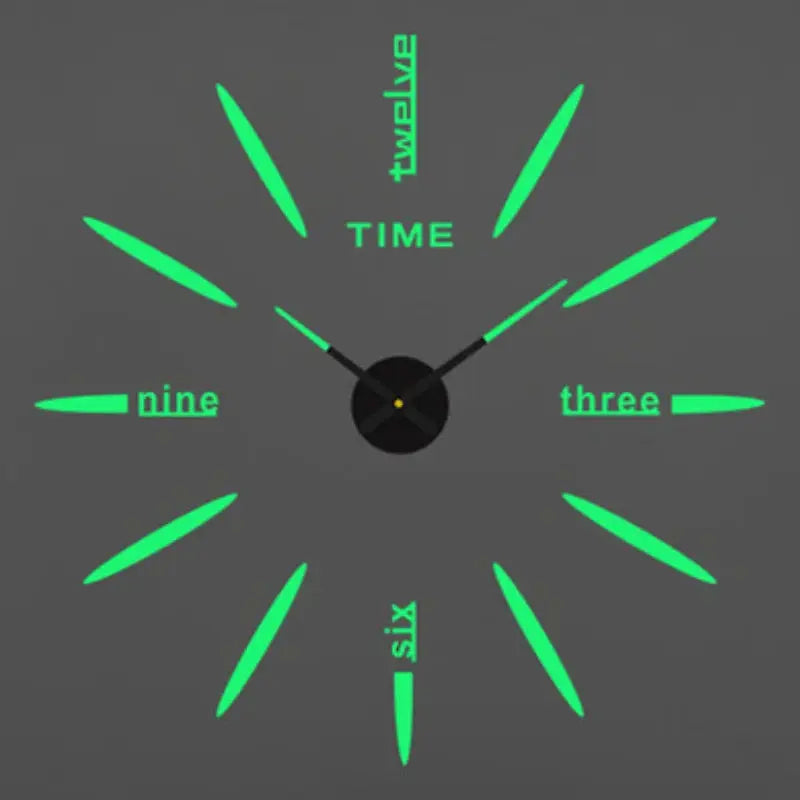 Large wall clock with neon green acrylic mirror stickers, 3D DIY quartz design for living room decor.