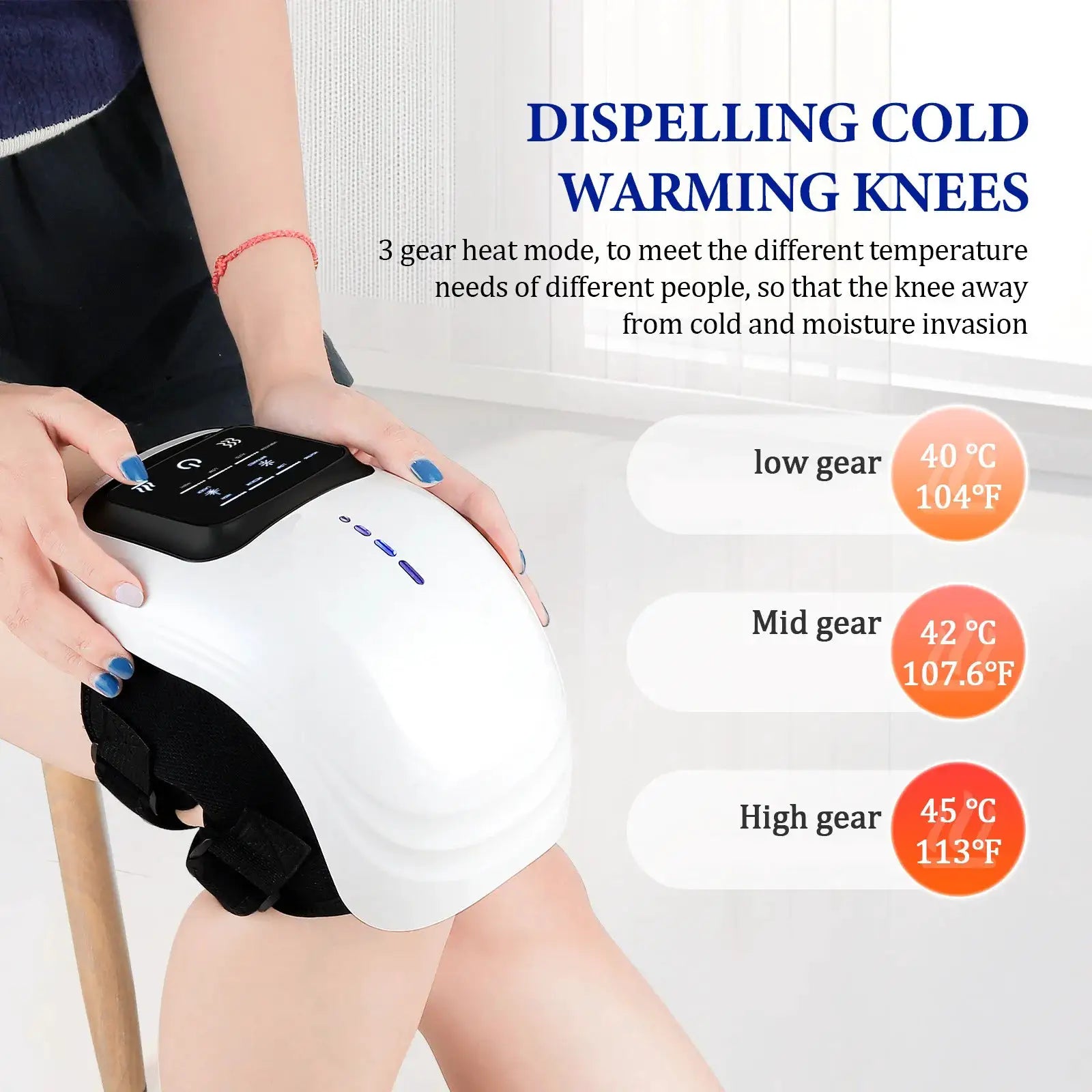 foreverlily Smart Knee Massager, white device with black strap and top control panel