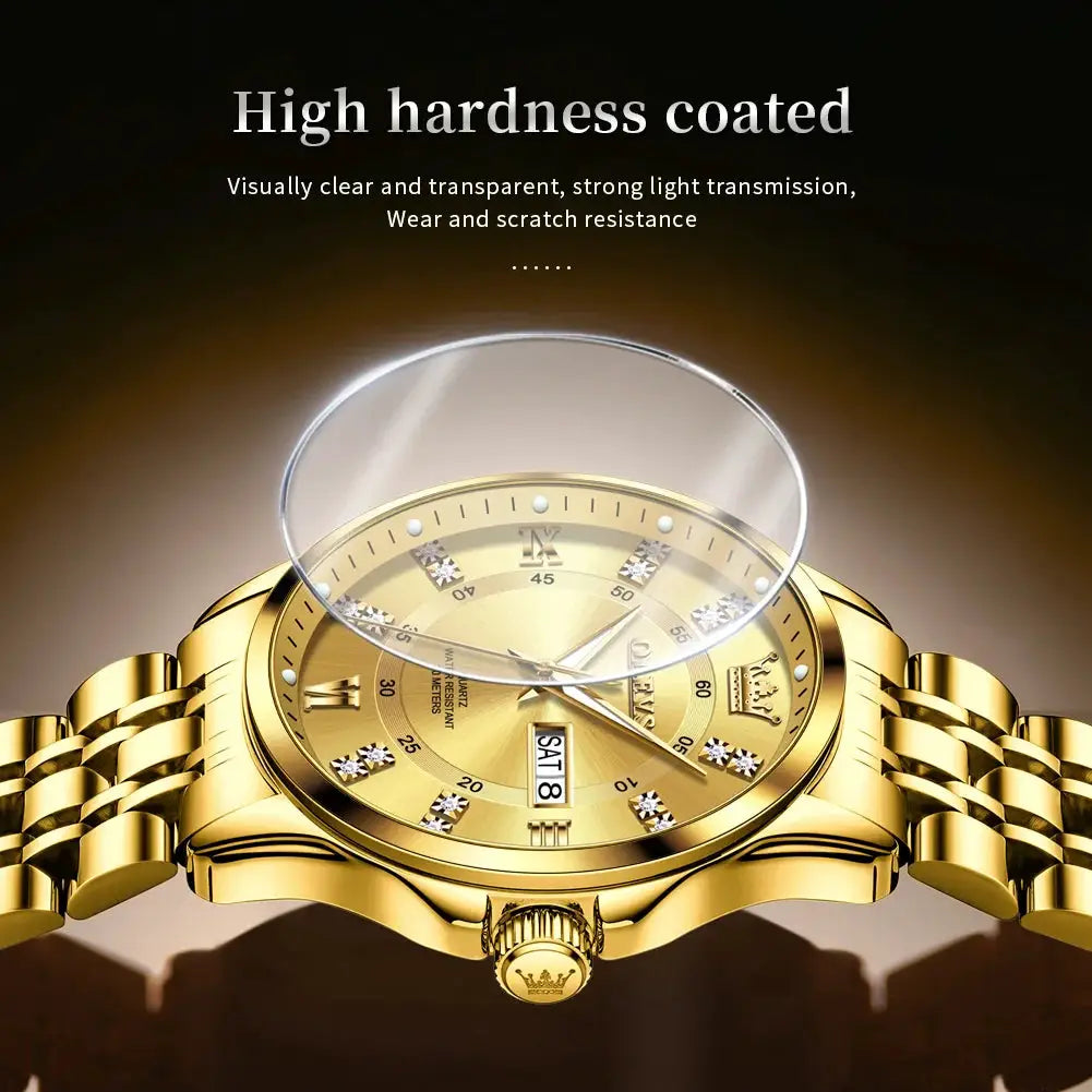 Gold-tone luxury men’s watch with stainless steel band, calendar date window, quartz movement.