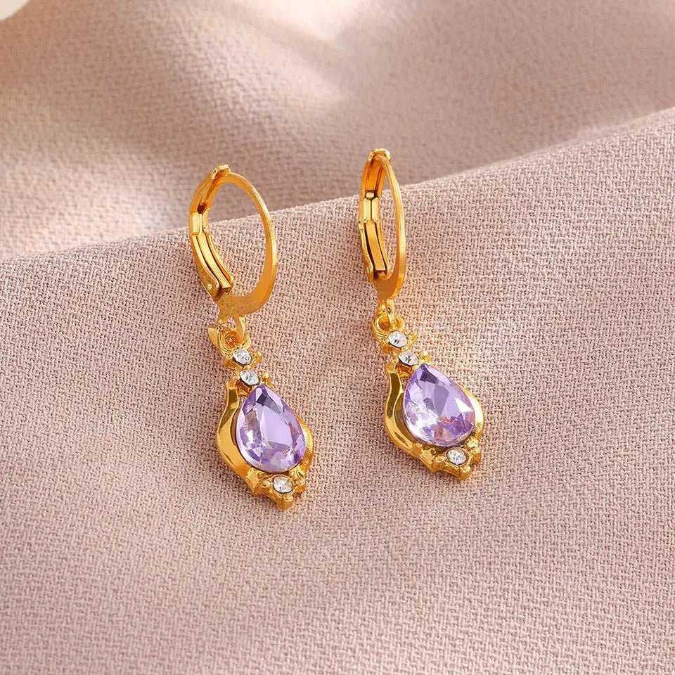 ZAKOL Vintage Shiny Purple Crystal Water Drop Hoop Earrings For Women Boho Long Dangle Jewelry Gift - Simples Market