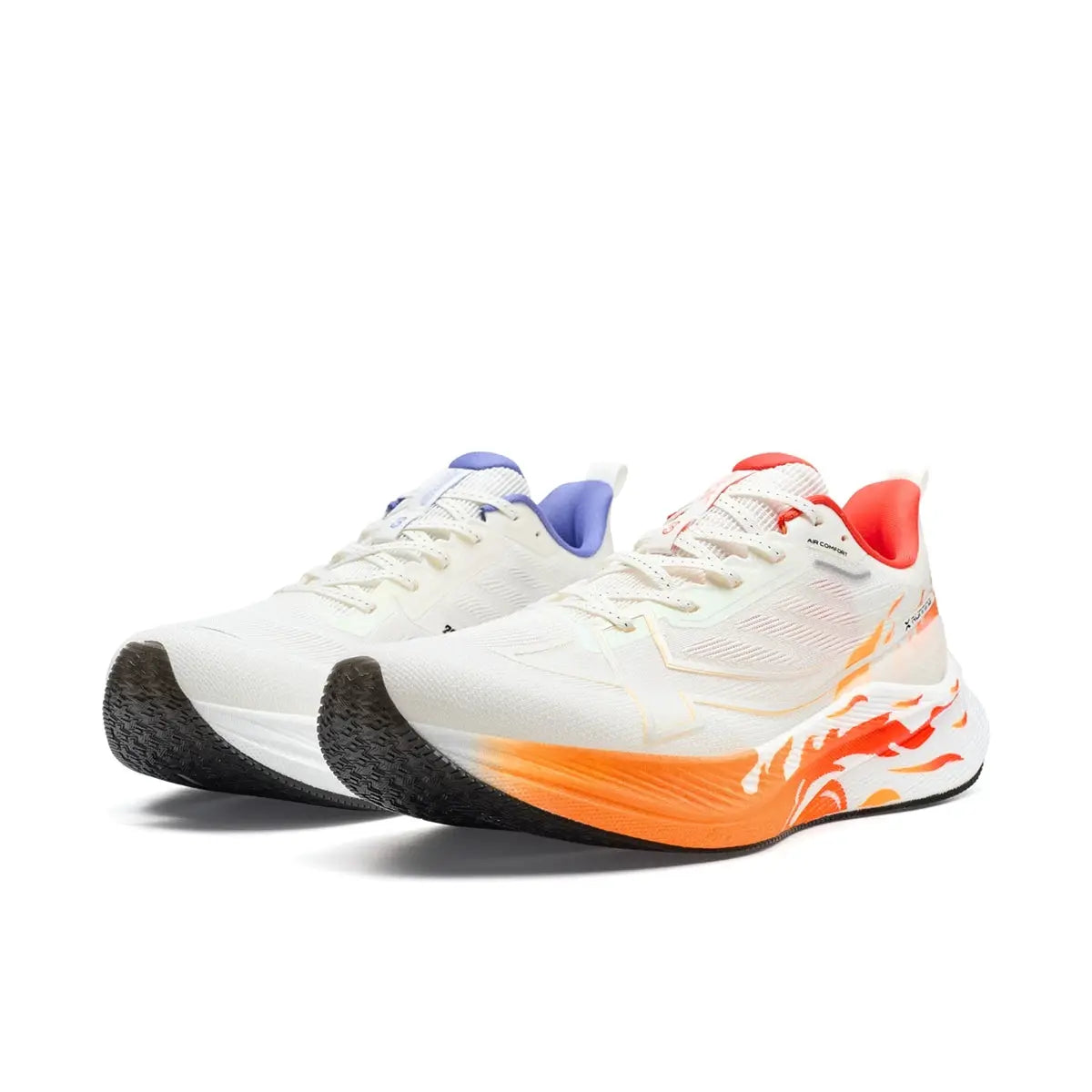 Xtep 2000km 3.0 running shoes for men; white sneakers with purple and orange accents, 2 shoes shown