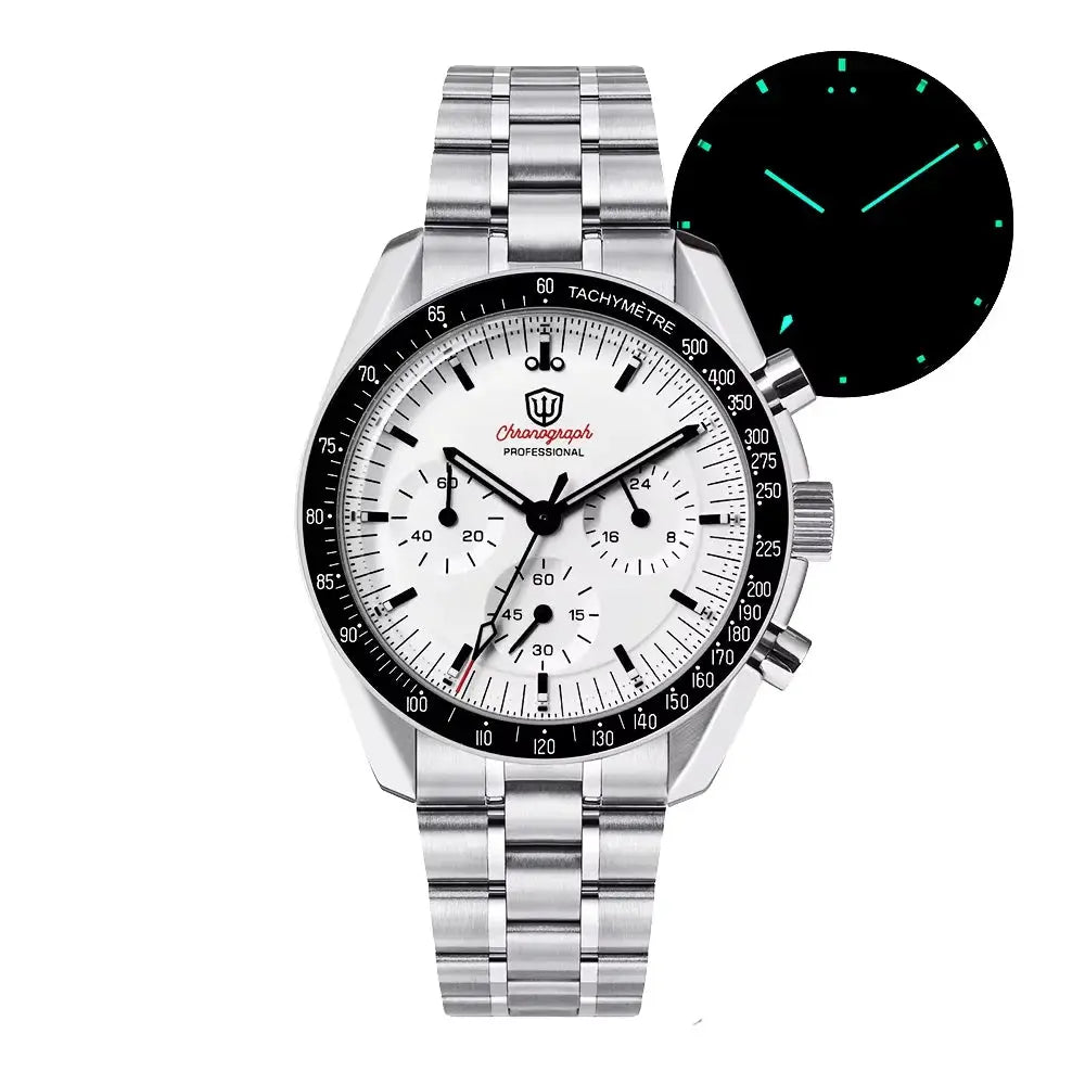 Watchdives WD1863 quartz chronograph men's watch with stainless steel bracelet and white dial, black tachymeter bezel