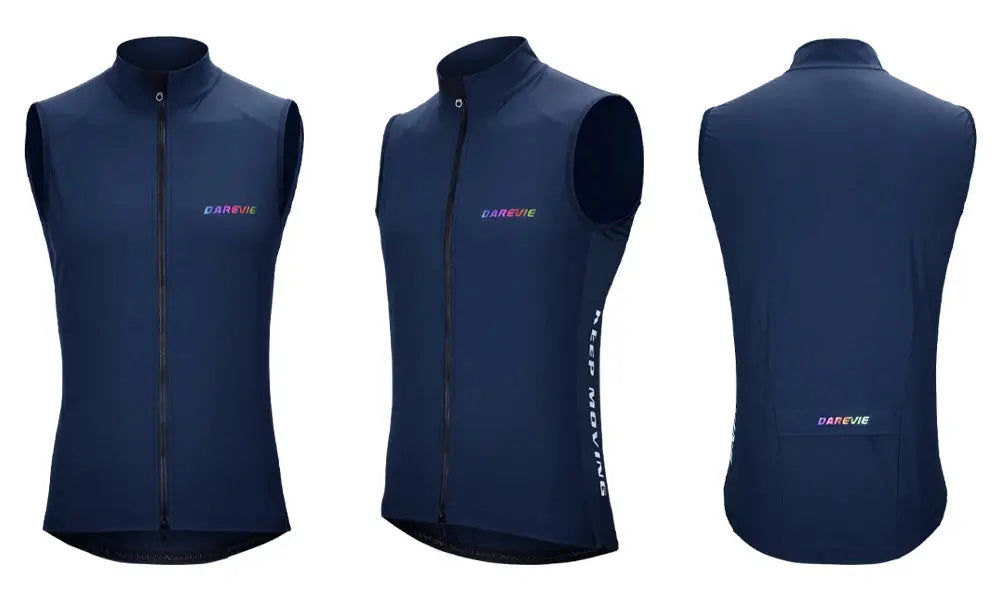 Darevie cycling vest navy blue with 2-way zipper; windproof, waterproof, back pocket, Simples Market logo