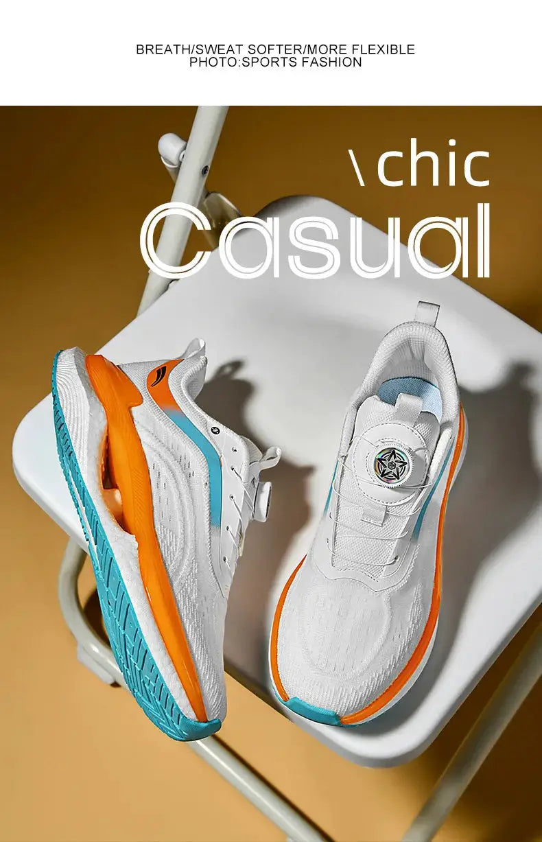 Men's sneakers by Simples Market, white running shoes with orange and teal accents, pair