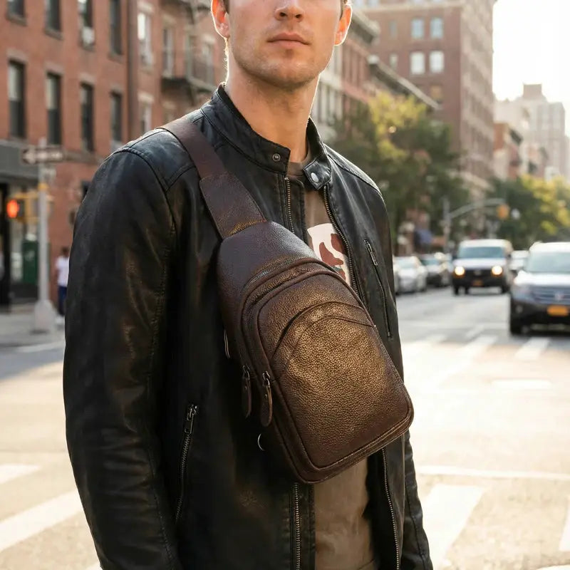 Simples Market men's leather chest bag in brown genuine top-grain leather, crossbody, large-capacity.