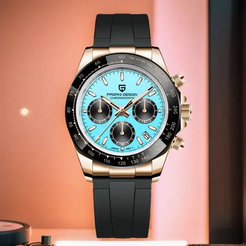 PAGANI DESIGN 40mm V2 sky-blue dial chronograph watch with gold-tone stainless steel case and black strap