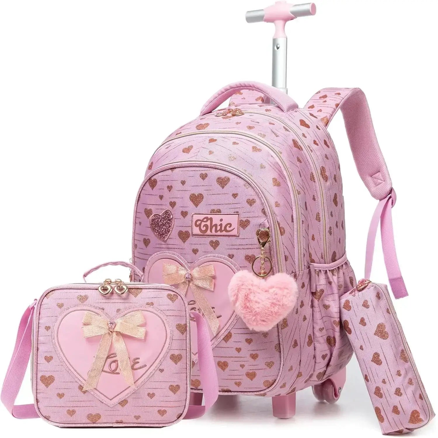 Kids pink wheeled backpack set with lunch box; heart-pattern backpack with bow accents.