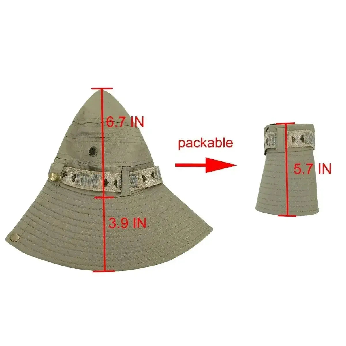Simples Market packable khaki bucket hat with wide brim and adjustable strap