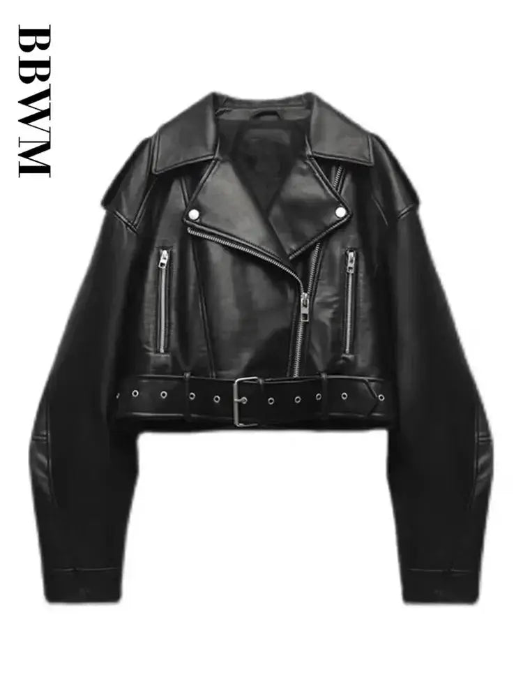 BBWM Women Oversized Vintage PU Leather Short Jacket With Belt Retro Moto Biker Streetwear Outerwear