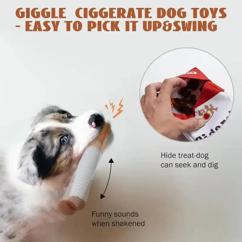 Funny interactive plush dog toy by Simples Market with cigarette design; giggles when shaken and hides treats.
