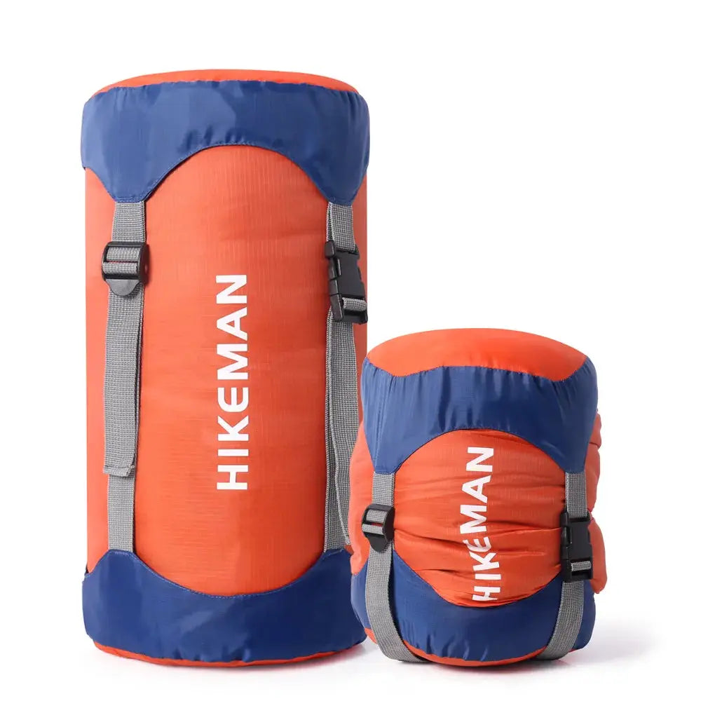HIKEMAN sleeping bag compression storage bags, orange/blue 2-pack with gray straps.