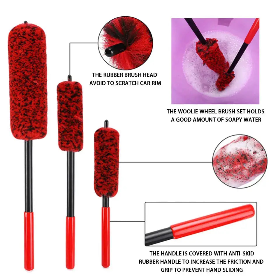 Car wheel detailing brush set by Simples Market, red bendable wheel woolies brushes for rims and tires.