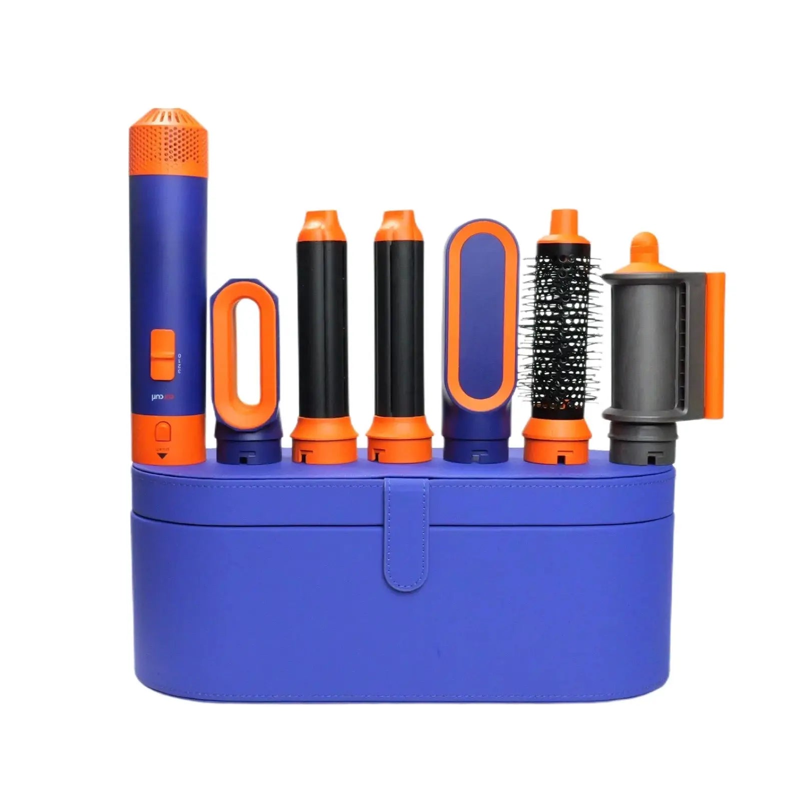 6-in-1 hair styler set by Simples Market with blue and orange attachments on a blue case