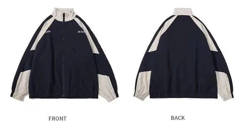 Hip Hop varsity windbreaker jacket in black with beige patchwork panels, front zip, lightweight college style.