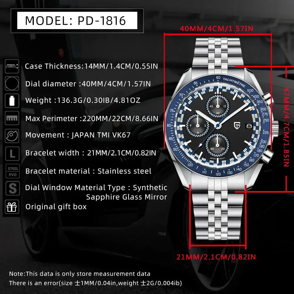 PAGANI DESIGN PD-1816 men's stainless steel sport chronograph watch with blue bezel AR sapphire crystal Simples Market.