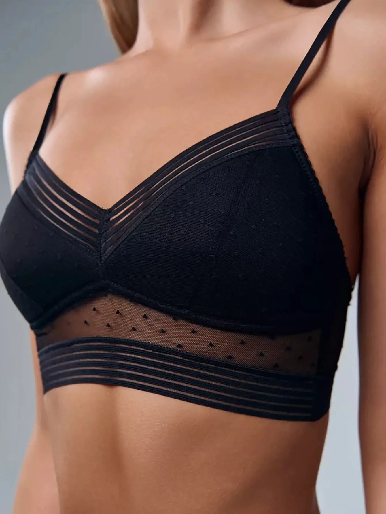 Bra black lace U-shaped backless with thin straps and sheer dotted mesh band
