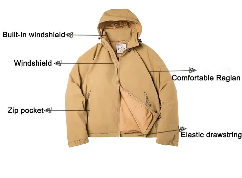 Maden hooded down jacket for men by Simples Market; tan parka with windproof hood, zip pockets and elastic drawstring