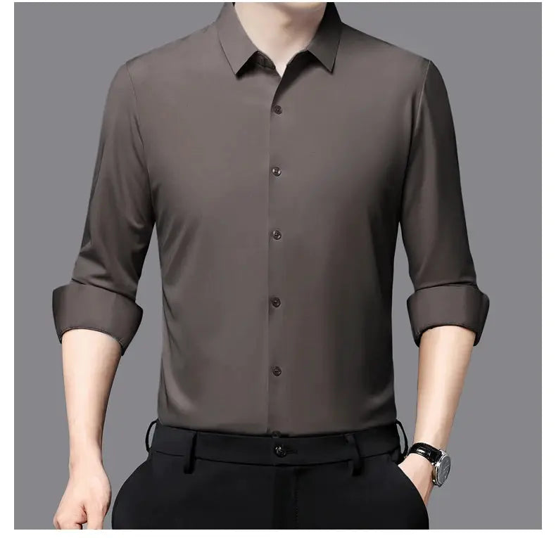 Simples Market premium men's ultra-stretch silky long-sleeve shirt in taupe, formal/business style.