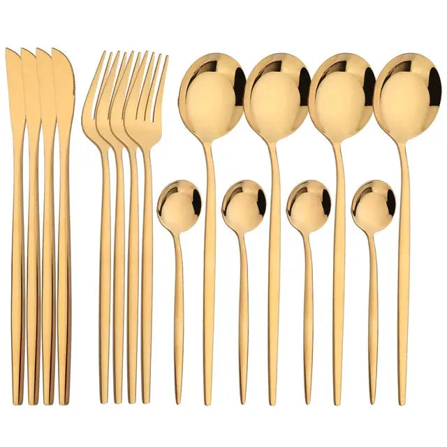 NovaLux Black Stainless Steel 16 Piece Cutlery Set With Mirror Finish For Modern Dining