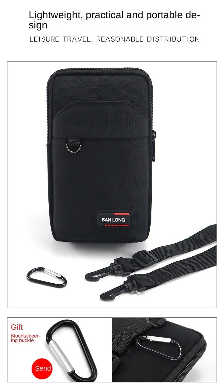 Black men's waterproof tactical waist bag with phone pouch, San Long brand patch, adjustable strap and metal carabiner.