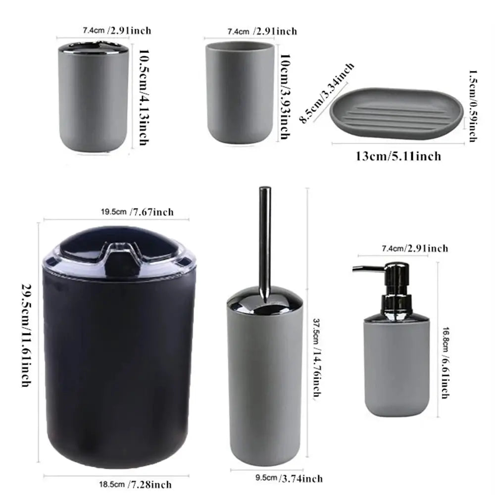 Simples Market luxury gray 6-piece bathroom set: trash can, dispenser, toothbrush holders, soap dish, and toilet brush.