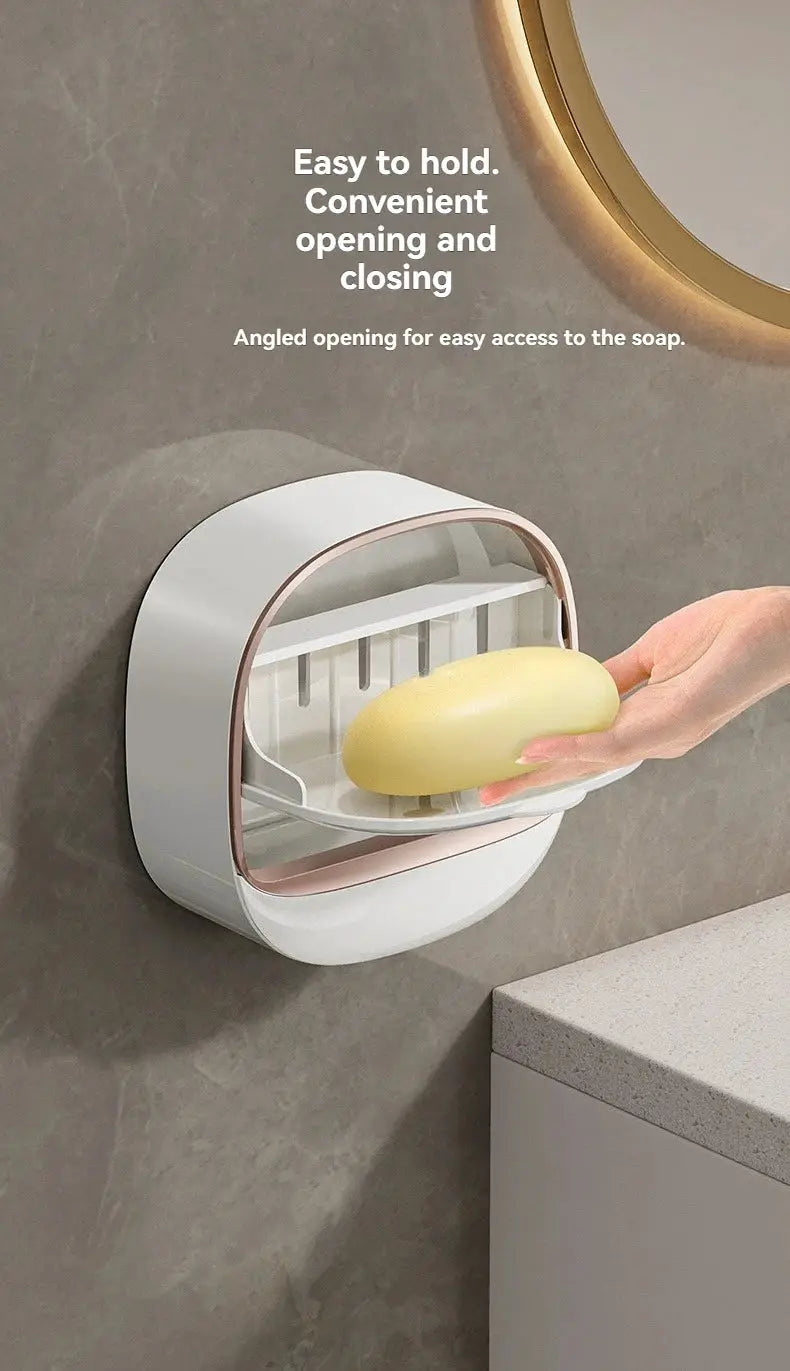 Simples Market waterproof shower soap box, white with pink trim, wall-mounted hanging soap holder with drainage