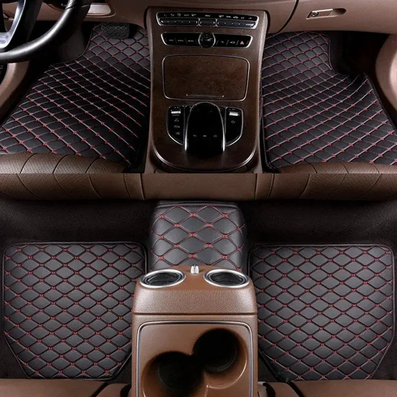 Car floor mats 5pcs set by Simples Market, PU leather, waterproof, black with red quilting