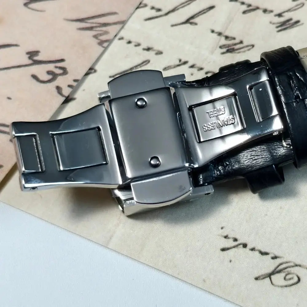 Shanghai Watch 42mm stainless steel black leather strap butterfly buckle wristwatch